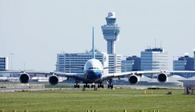 China Southern Airlines A380 at Amsterdam Airport, front view