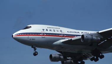 A China Airlines Boeing 747 lands at Kai Tak airport in