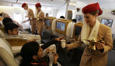 Emirates Airlines flight attendants serv